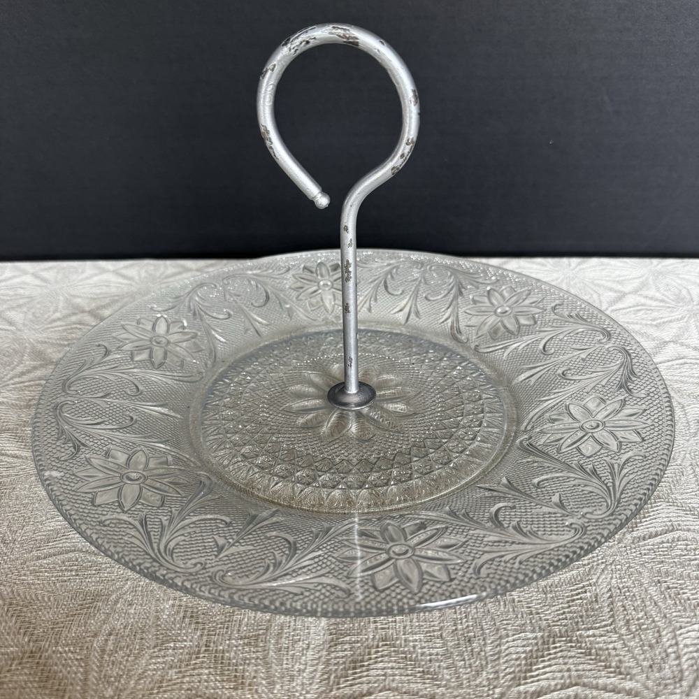 Indiana Glass Clear Sandwich 10" Tidbit Serving Tray Platter with Metal Handle